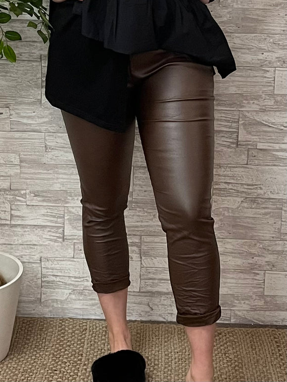 Brown Wet Look Joggers